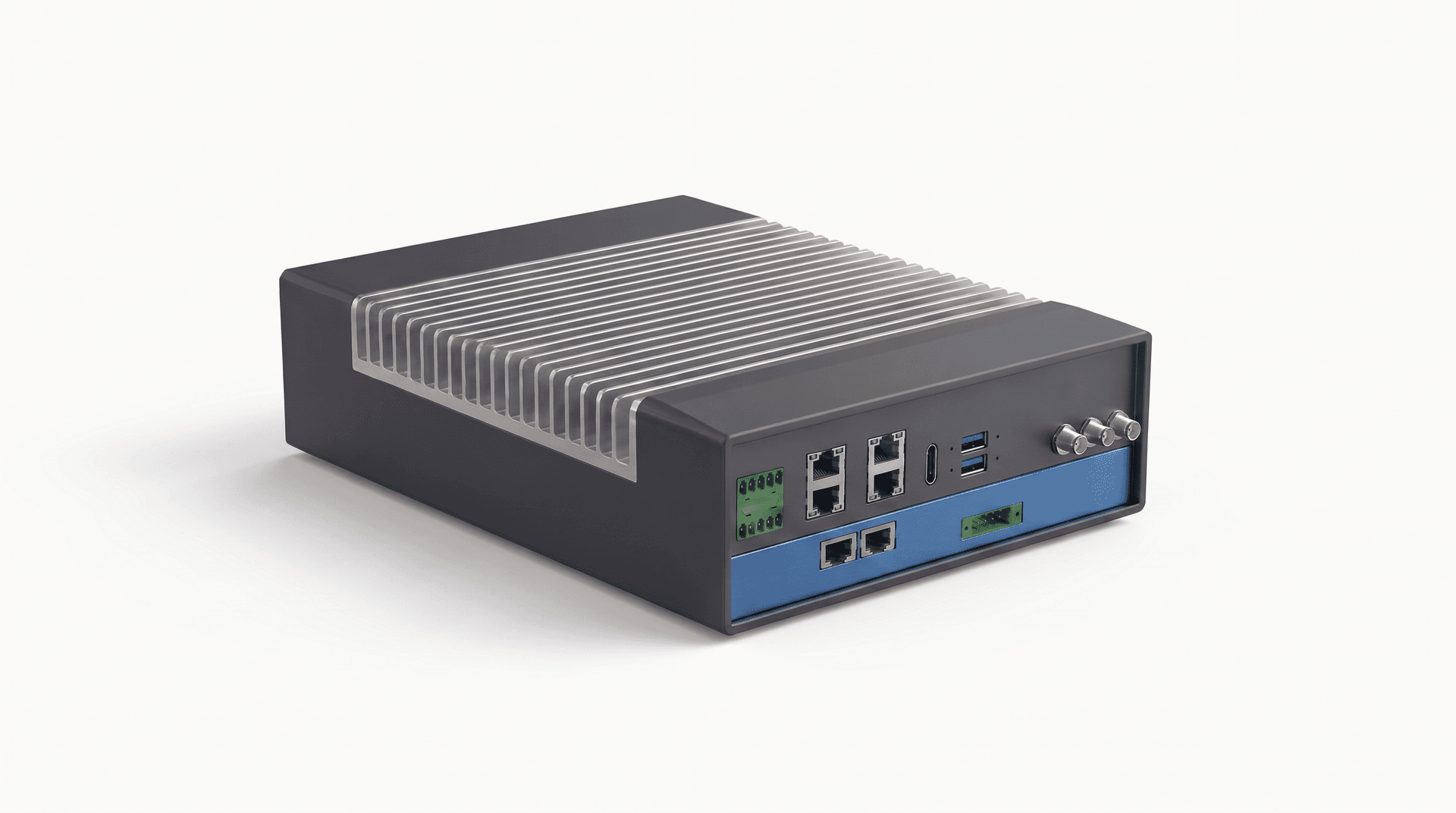 The Kemetra K-RSU roadside compute node: a fanless industrial unit with a thick finned aluminum heatsink over a matte charcoal chassis, and a single flush front panel carrying ethernet, USB, terminal-block and C-V2X antenna connectors.