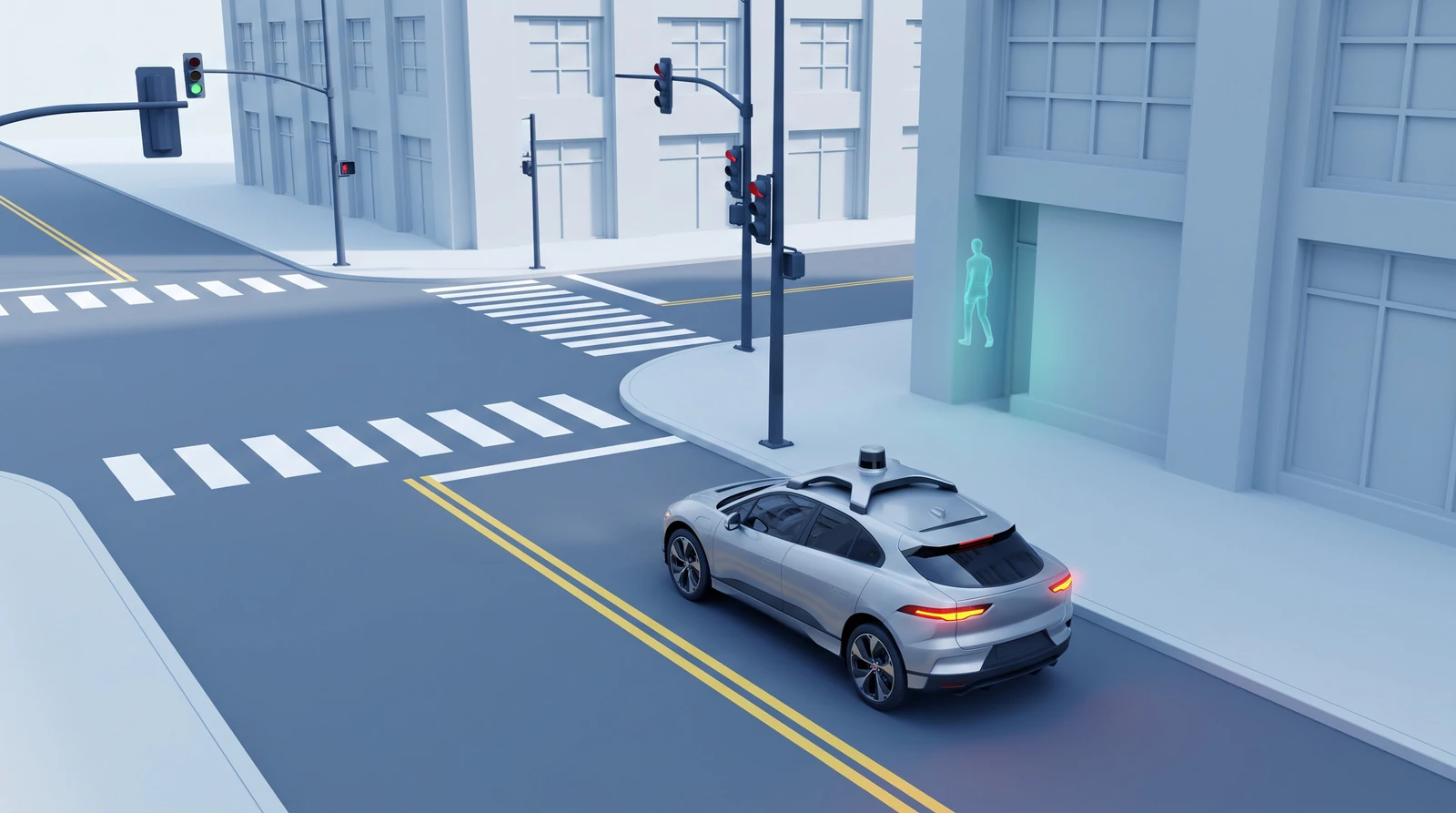 An autonomous vehicle in the curbside lane brakes at a red signal before a right turn. A pedestrian approaching the corner is hidden behind the building, out of the vehicle's sight, and is shown by the roadside sensor as a glowing teal detection silhouette through the building corner, illustrating non-line-of-sight perception.