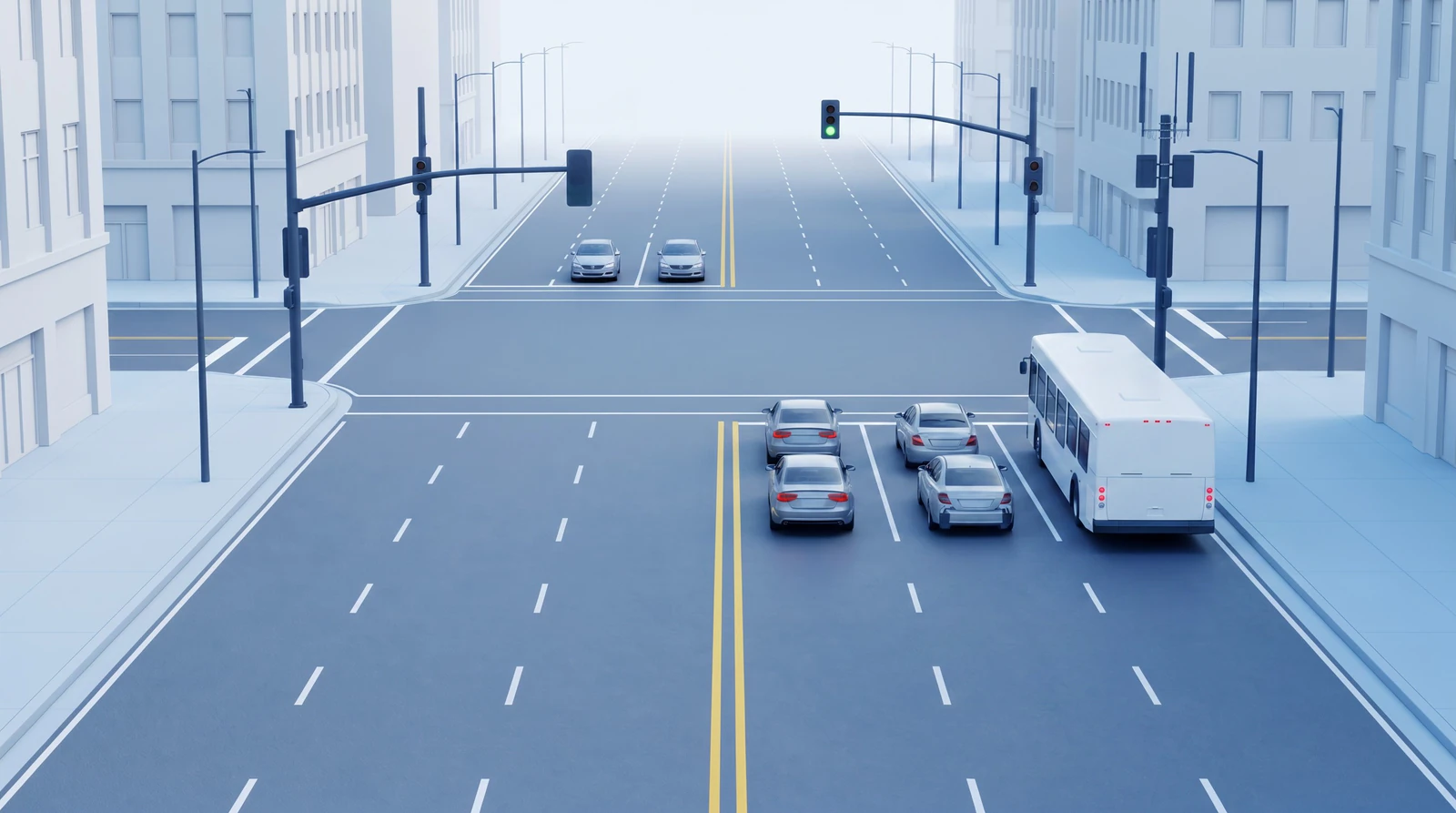 A busy four-way city intersection where the signal facing the arterial has been given a green and a transit bus in the right-hand lane rolls through with the traffic; the vEdge holds the green for the corridor so the bus and the cars are not stopped.