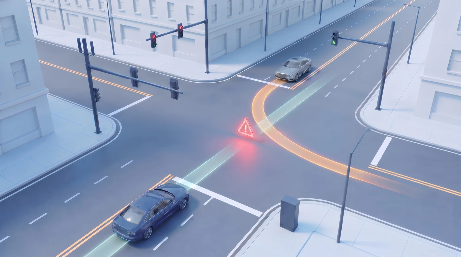A signalized intersection where a blue through car brakes as a silver sedan turns left across its path; the vEdge has predicted the conflict and thrown a red warning alert at the crossing point, its amber turn path crossing the car's teal through path.