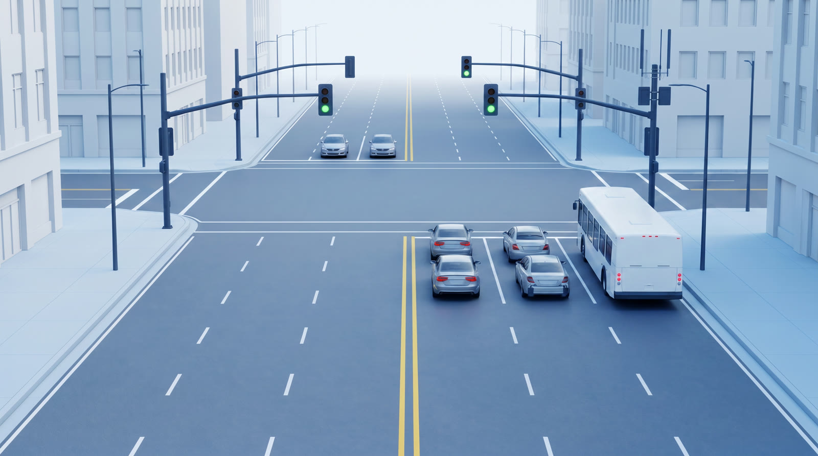 A busy four-way city intersection where the signal facing the arterial has been given a green and a transit bus in the right-hand lane rolls through with the traffic; the vEdge holds the green for the corridor so the bus and the cars are not stopped.