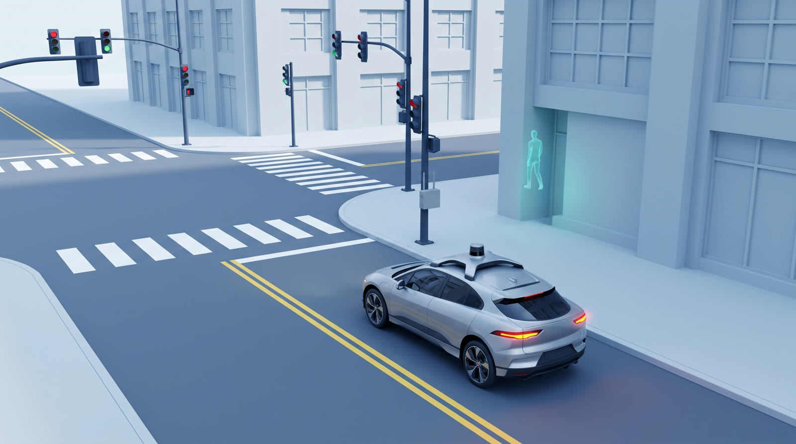 An autonomous vehicle in the curbside lane brakes at a red signal before a right turn. A pedestrian approaching the corner is hidden behind the building, out of the vehicle's sight, and is shown by the roadside sensor as a glowing teal detection silhouette through the building corner, illustrating non-line-of-sight perception.